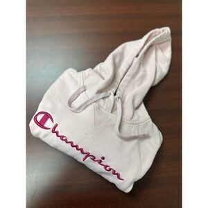 Champion Hoodie Sweatshirt Womens Small Pink Embroidered Logo Pullover Hooded